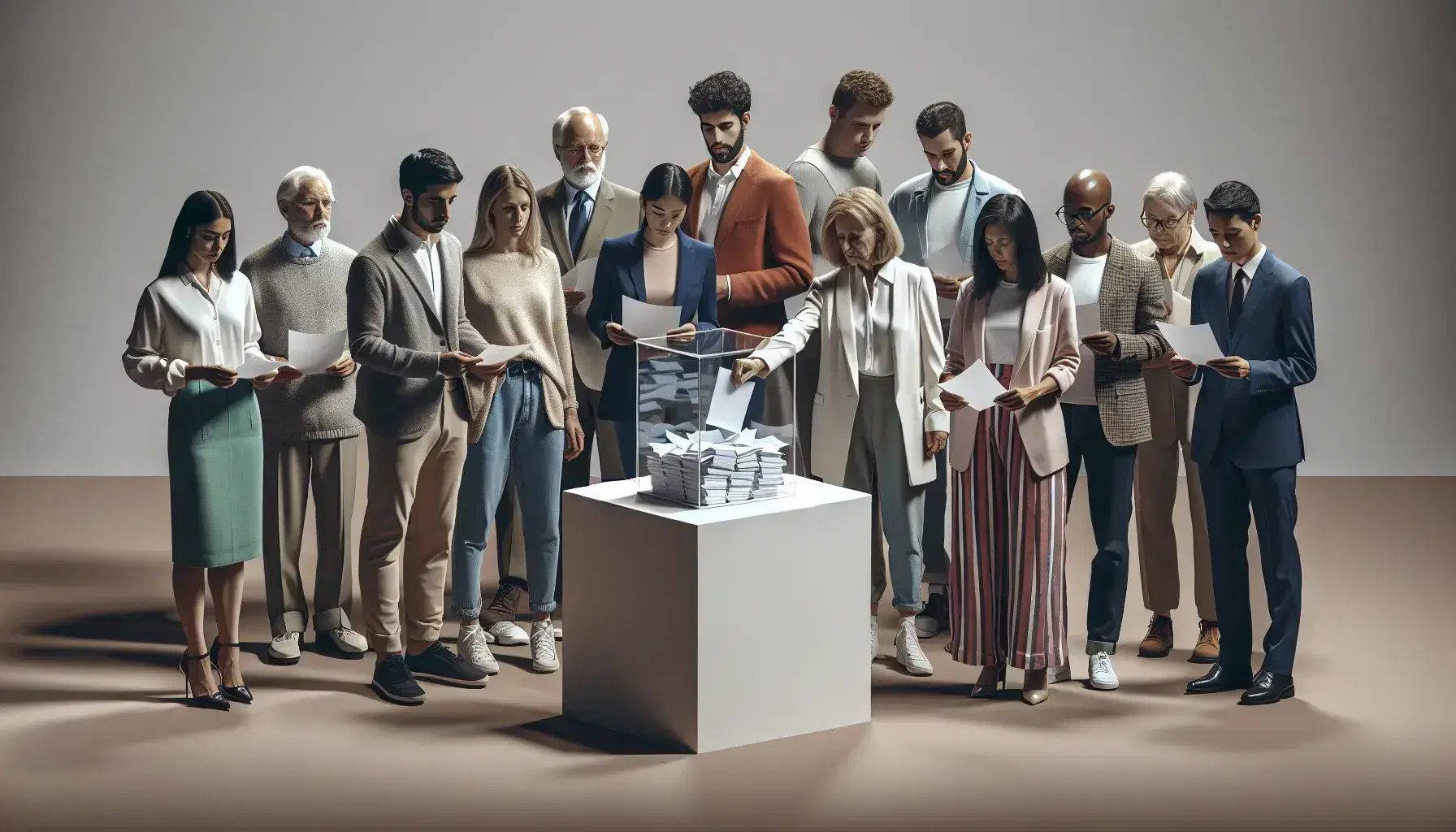 Diverse group casting votes into a transparent ballot box, reflecting a democratic process with participants from various ethnicities and ages.