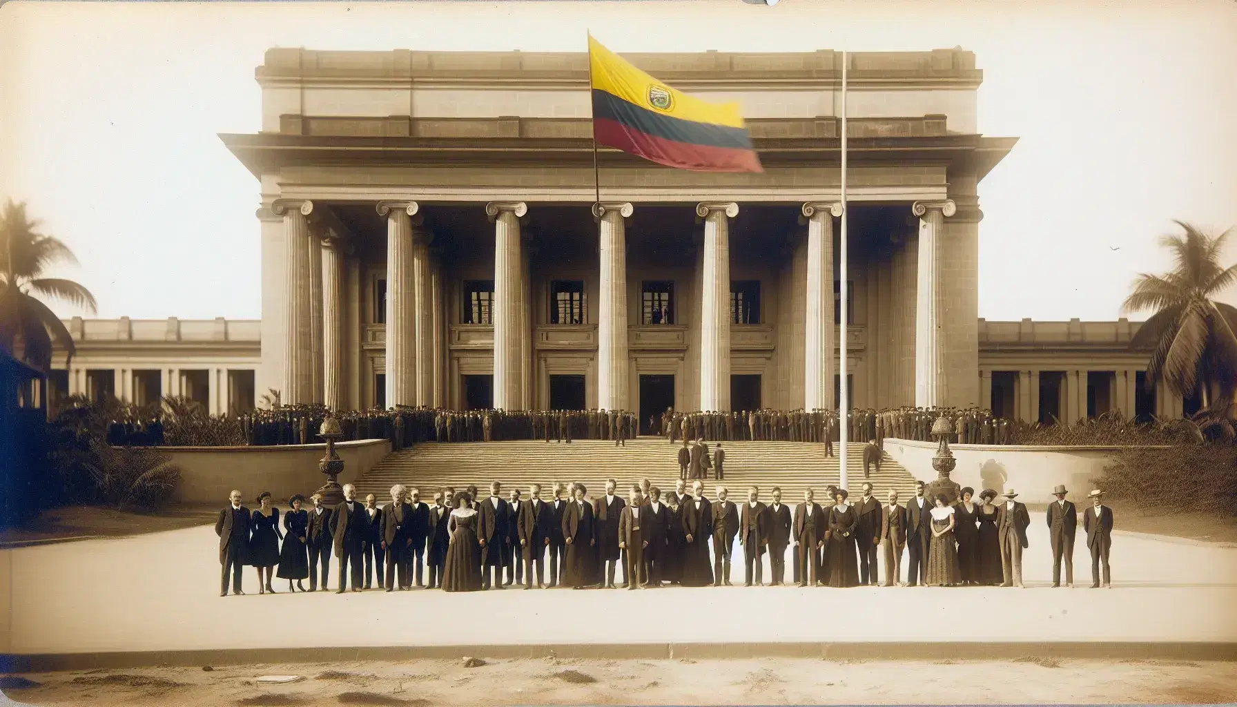 Grupo de adultos frente a edificio neoclásico con columnas robustas y escalinata, vestidos de forma formal al estilo de mediados del siglo XX, bajo un cielo despejado con bandera de Colombia ondeando.