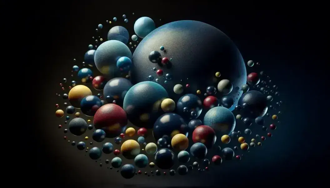 Esferas flotantes de colores en el espacio con una esfera plateada central, rodeadas de esferas azules, rojas, amarillas y verdes, sin soportes visibles y con sombras suaves.