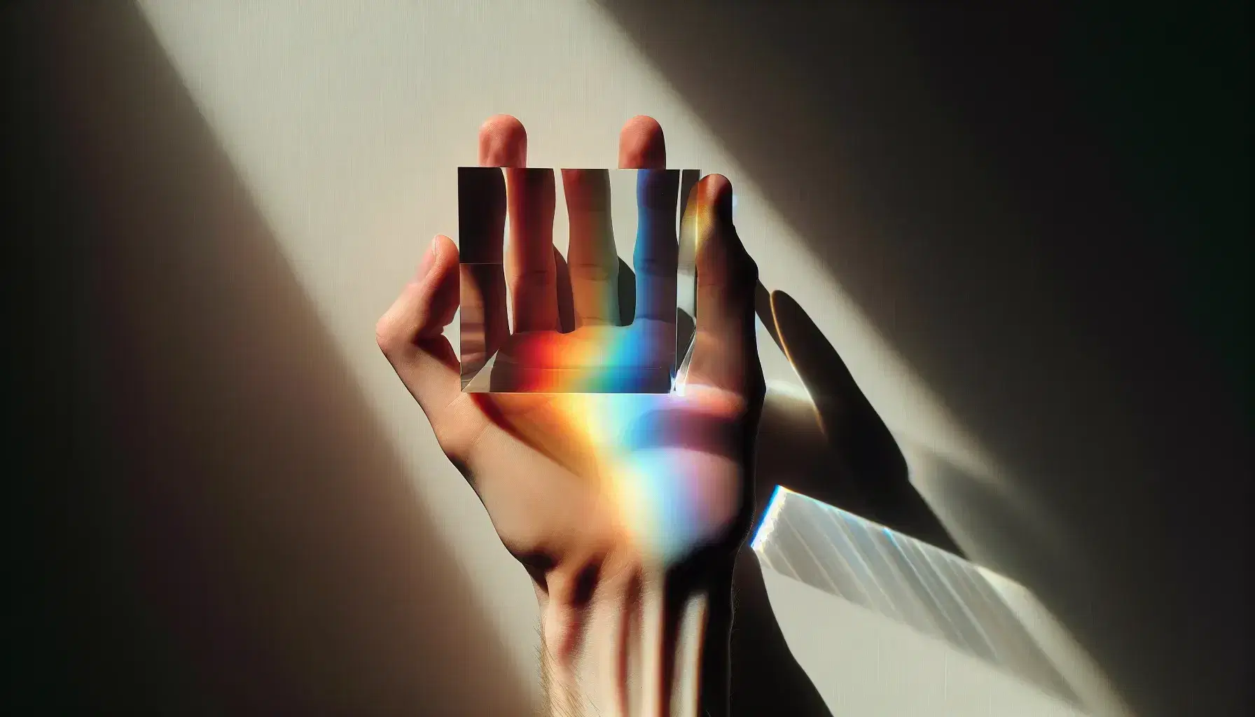 Mano sujetando un prisma transparente que descompone la luz en un espectro de colores proyectado en superficie blanca.