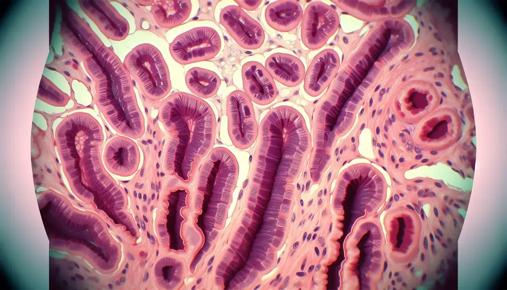 Vista microscópica de tejido del intestino delgado mostrando criptas de Lieberkühn y glándulas de Brunner en mucosa y submucosa saludables, con buena vascularización.
