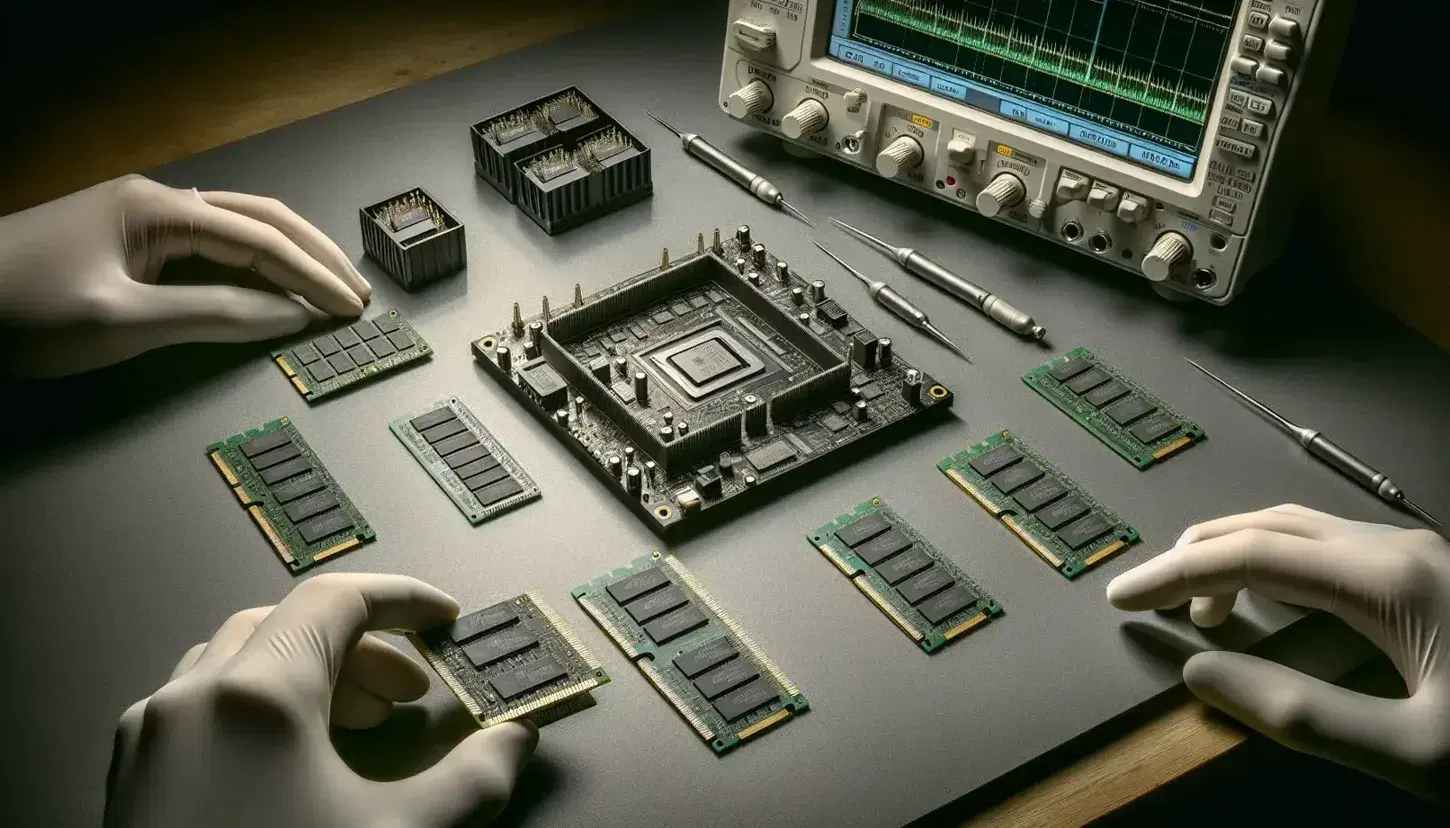 Microchip nero con connettori dorati e moduli RAM verdi su tavolo antistatico, oscilloscopio digitale e mani con guanti antistatici.