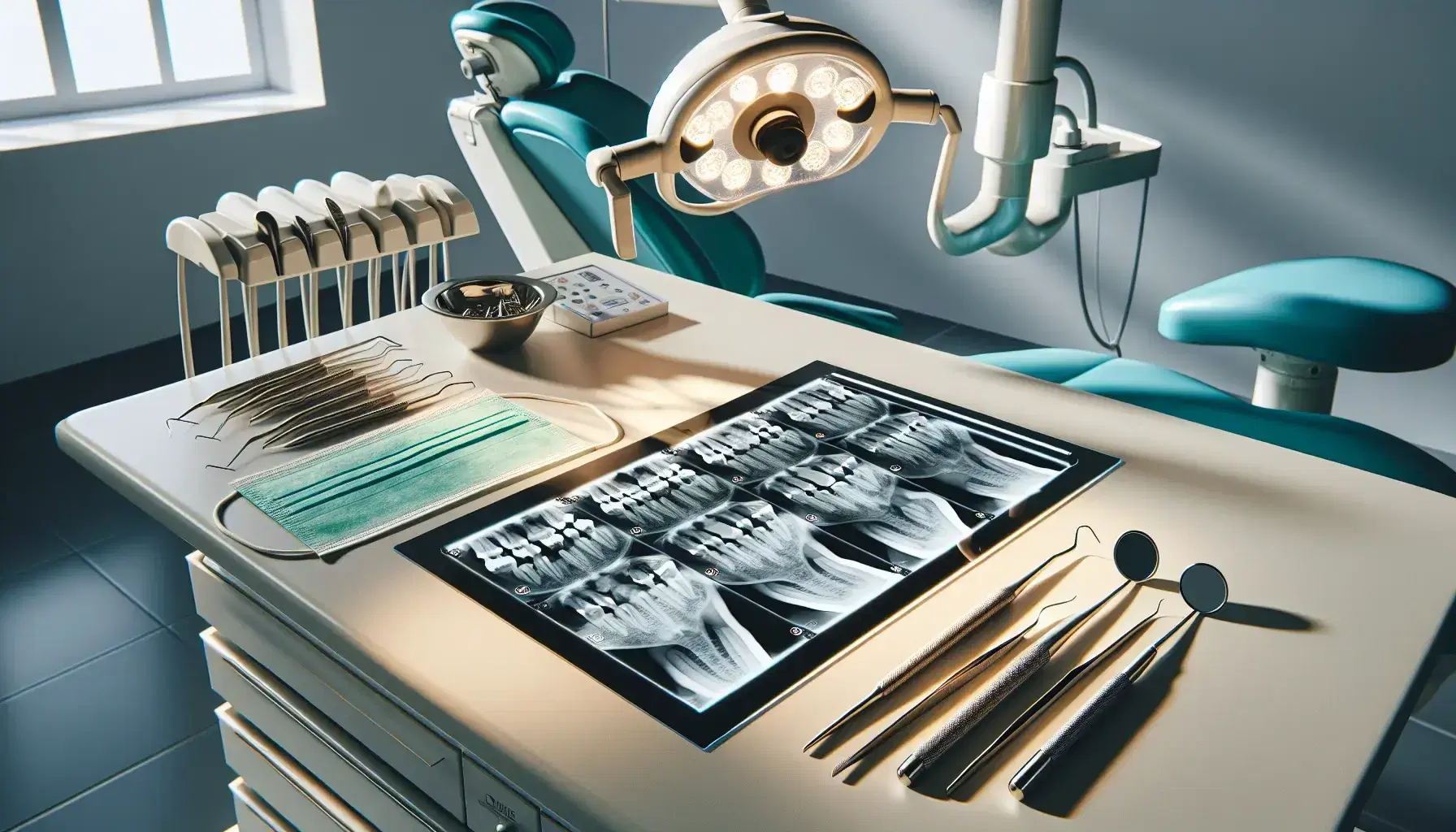 Conjunto de radiografías dentales en visor luminoso con herramientas odontológicas, guantes y mascarilla en primer plano, y silla dental desocupada al fondo.