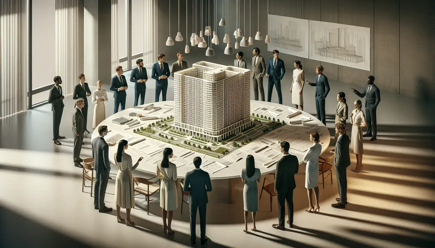 Grupo diverso de profesionales analizando maqueta arquitectónica y planos en mesa redonda, reflejando colaboración e inclusión en ambiente de trabajo.