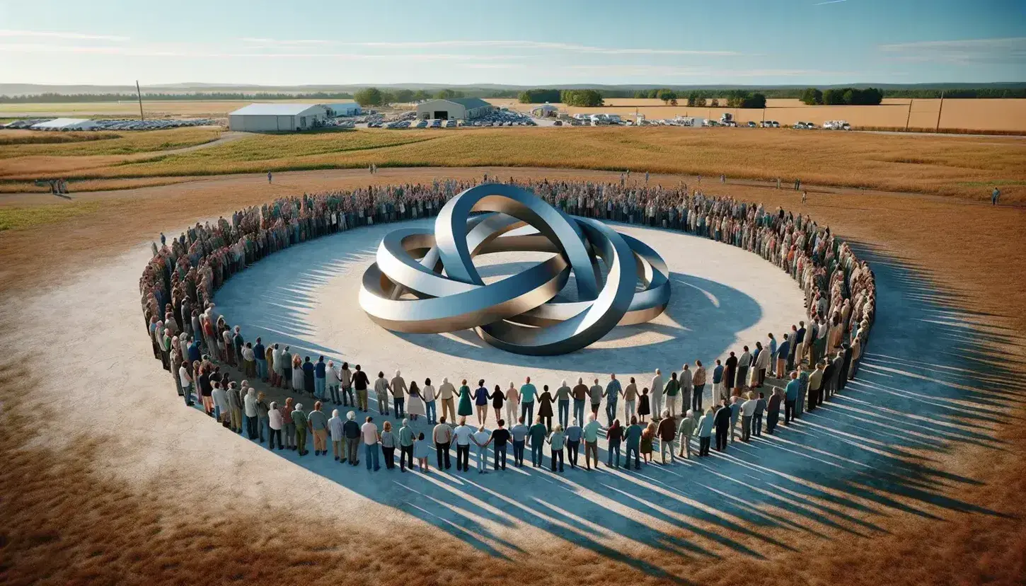 Grupo de personas en círculo alrededor de una escultura metálica abstracta de paz en un espacio abierto con cielo despejado.