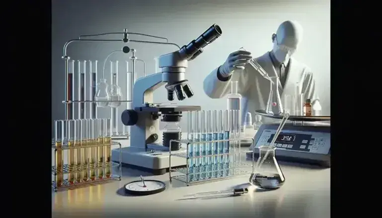 Escena de laboratorio clínico con microscopio, tubos de ensayo con líquidos coloridos, técnico usando pipeta y balanza analítica en segundo plano.