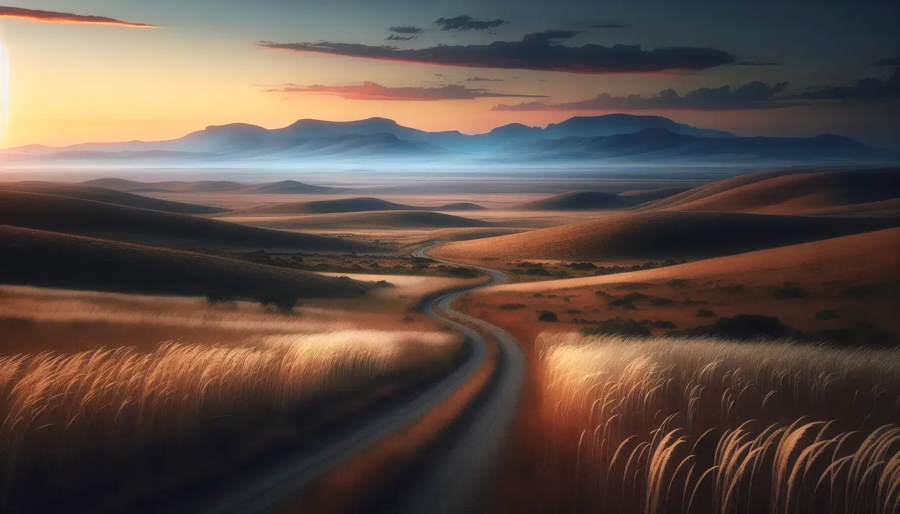 Serene South African landscape at dusk with a winding dirt road, rolling golden grass fields, distant mountain silhouettes, and a gradient sunset sky.