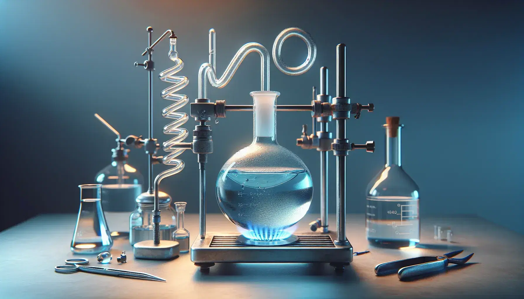 Glass flask on metal stand with blue Bunsen flame below, spiral condenser above, safety glasses and laboratory tongs at side.