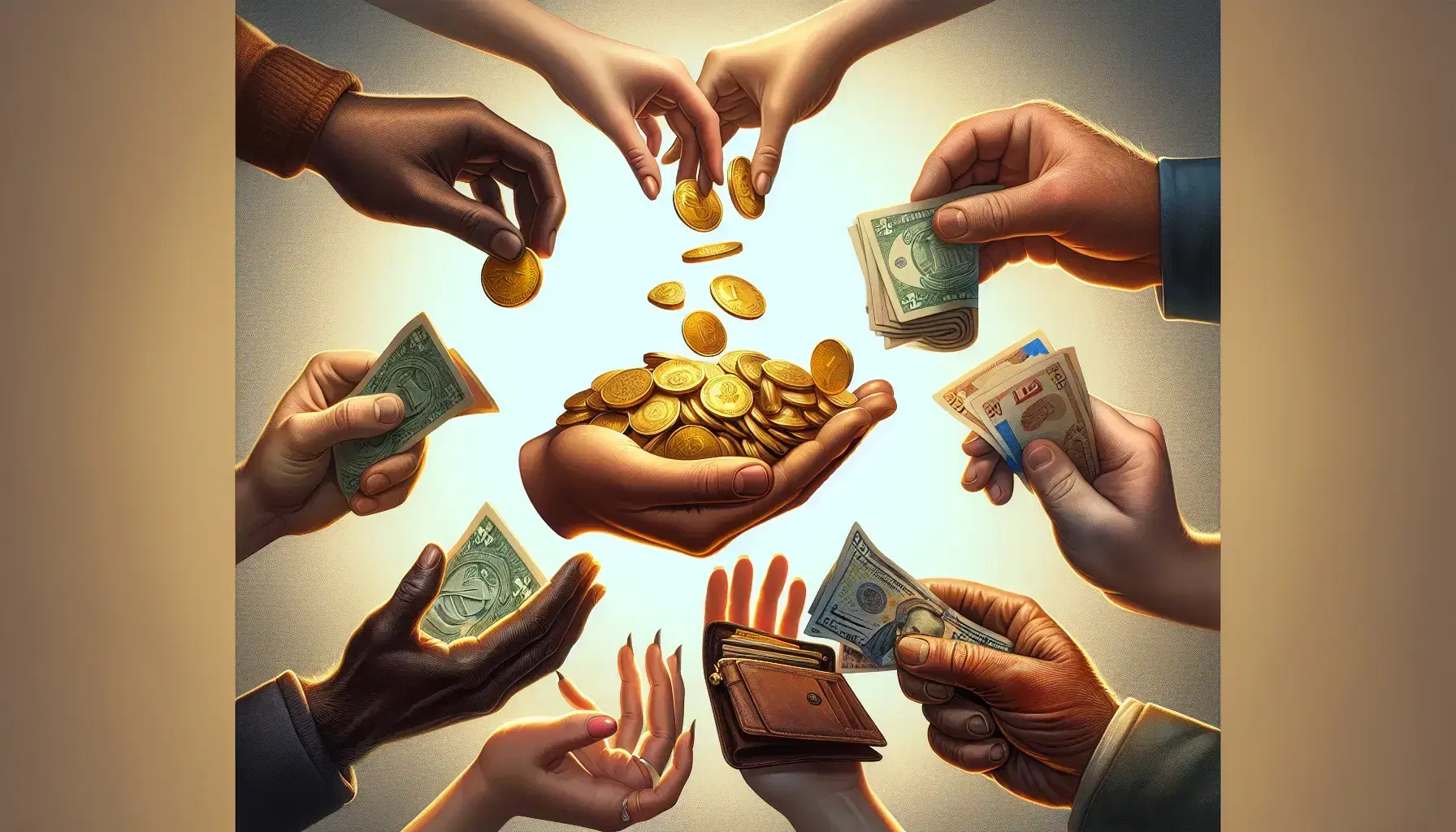 Manos diversas intercambiando monedas de oro y billetes de distintas denominaciones, con una mano central sosteniendo las monedas y otra ofreciendo un billete verde.