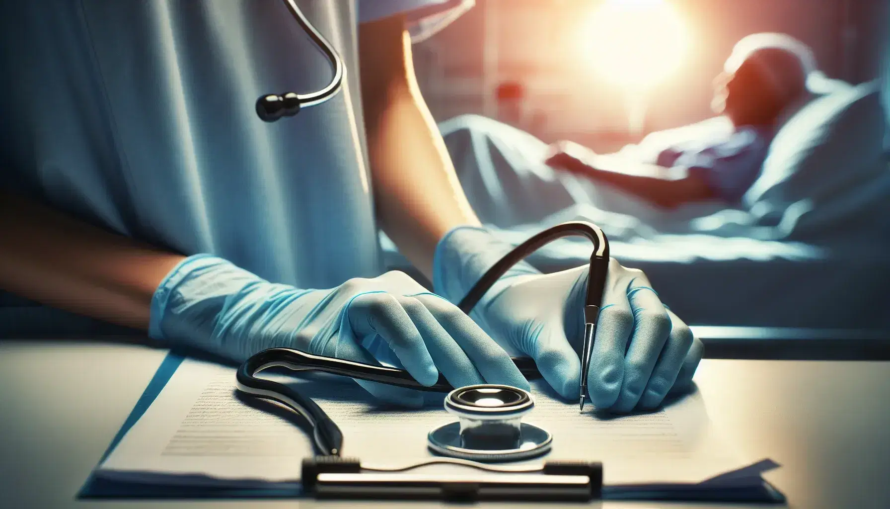 Manos de enfermera con guantes azules sosteniendo un estetoscopio, con hoja en blanco y bolígrafo al lado, paciente desenfocado al fondo.