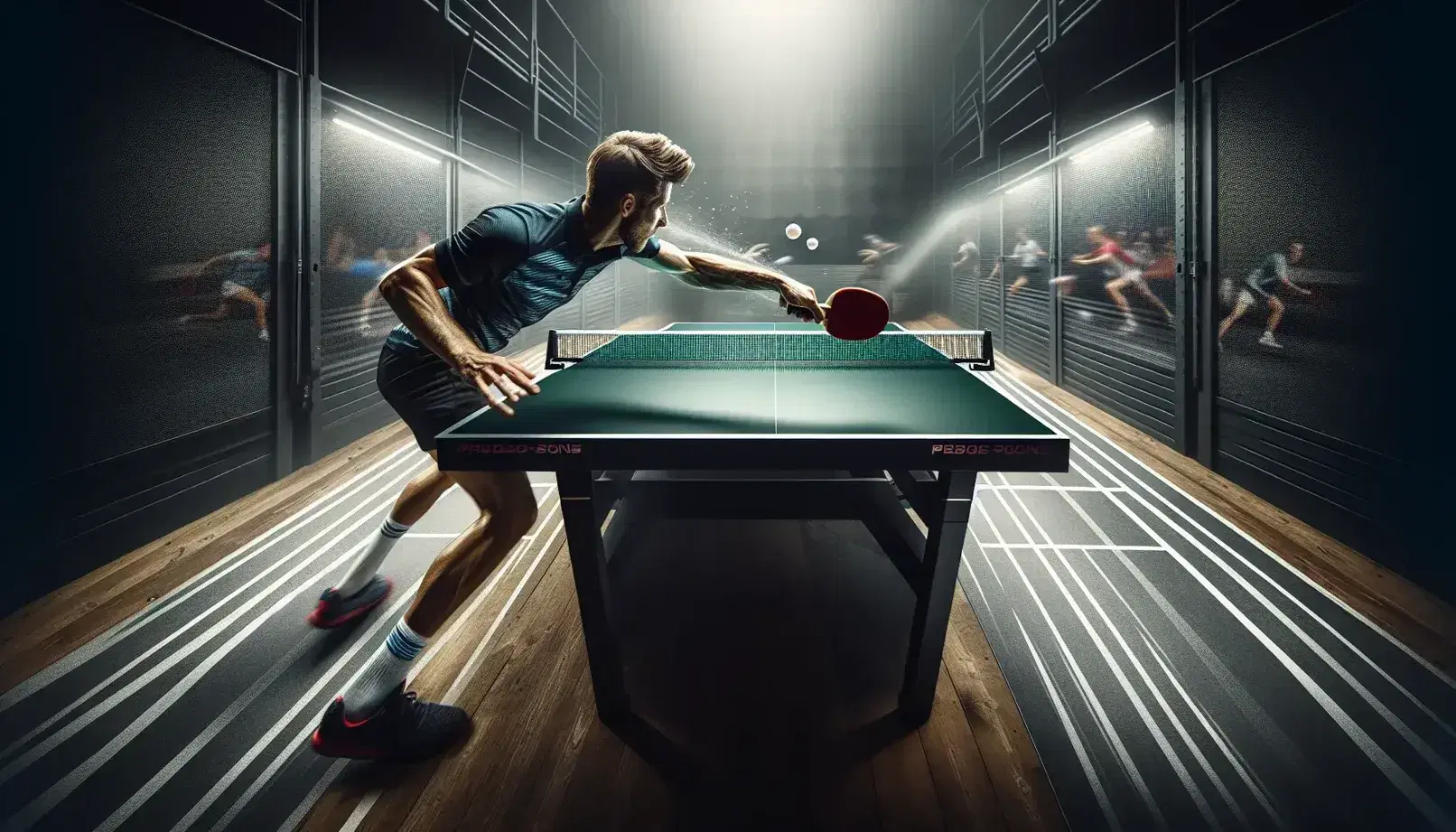 Partita di ping-pong in corso con giocatore in maglia blu che esegue un rovescio e avversario in rosso pronto a rispondere, in una sala sportiva sfocata.