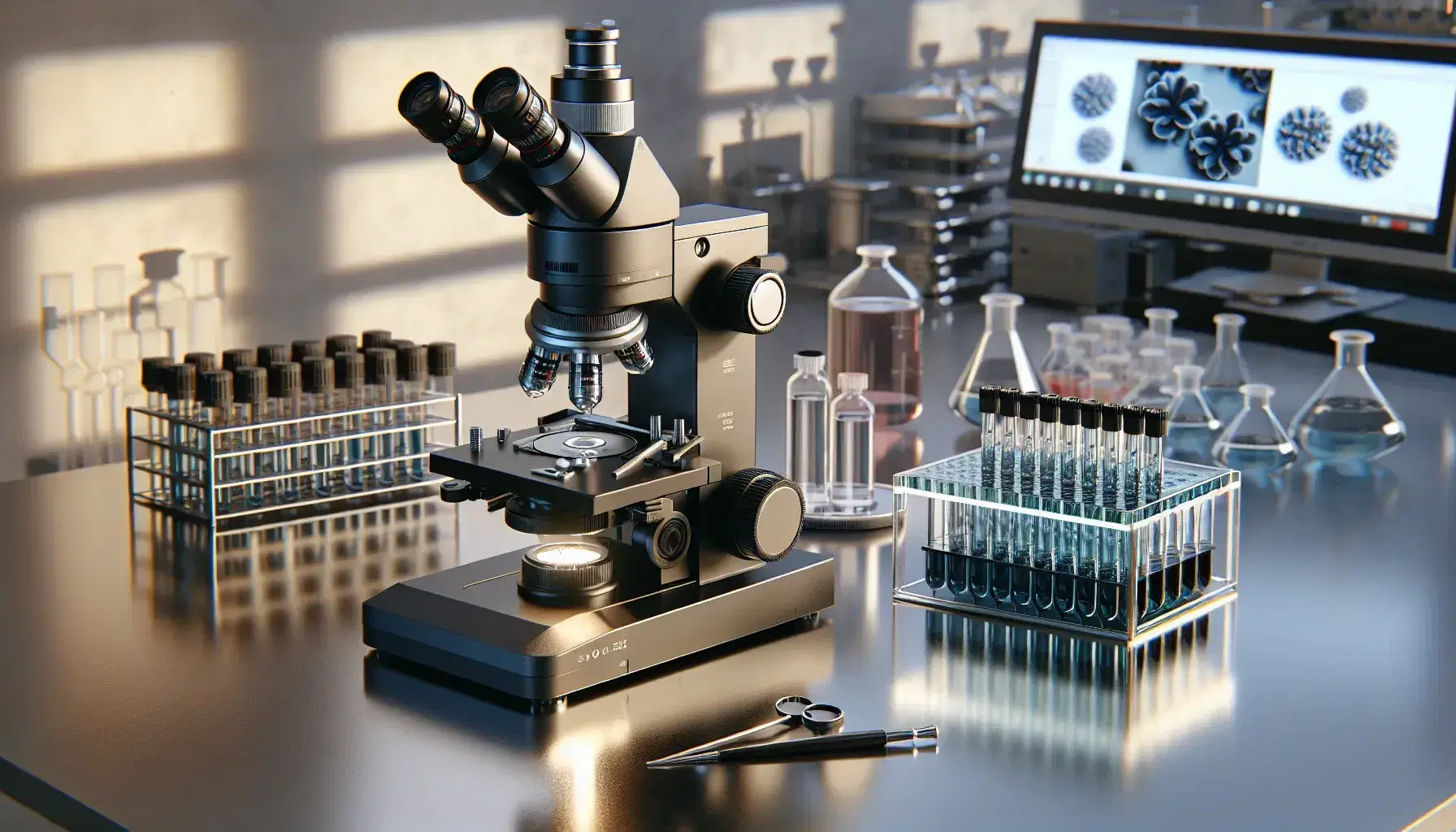 Microscopio elettronico grigio scuro su tavolo da laboratorio con provetta blu sigillata e piatto Petri con gel elettroforesi.