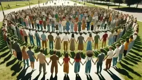 Grupo diverso de personas unidas de las manos formando cadena humana en parque con césped verde y árboles, simbolizando unidad y apoyo mutuo.
