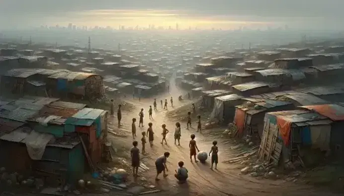 Landscape with metal and wooden shacks, children playing with a makeshift ball on a dirt road, urban sunset gradient background.