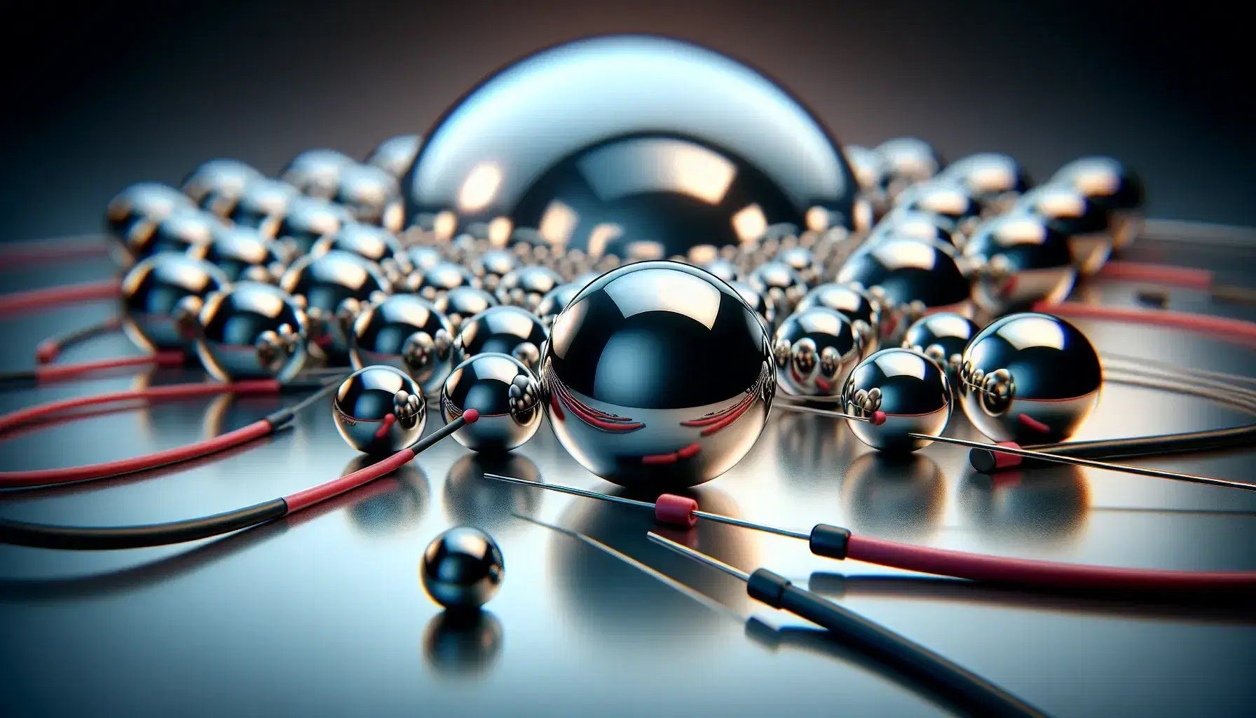 Sfere metalliche argentate riflettenti di varie dimensioni collegate da cavi rosso e nero su superficie liscia con lampadina spenta sullo sfondo.
