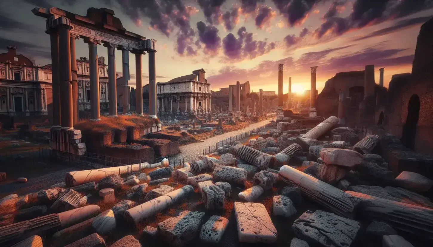 Rovine del Foro Romano al tramonto con colonne spezzate e vegetazione spontanea sotto un cielo sfumato di arancio e rosa.