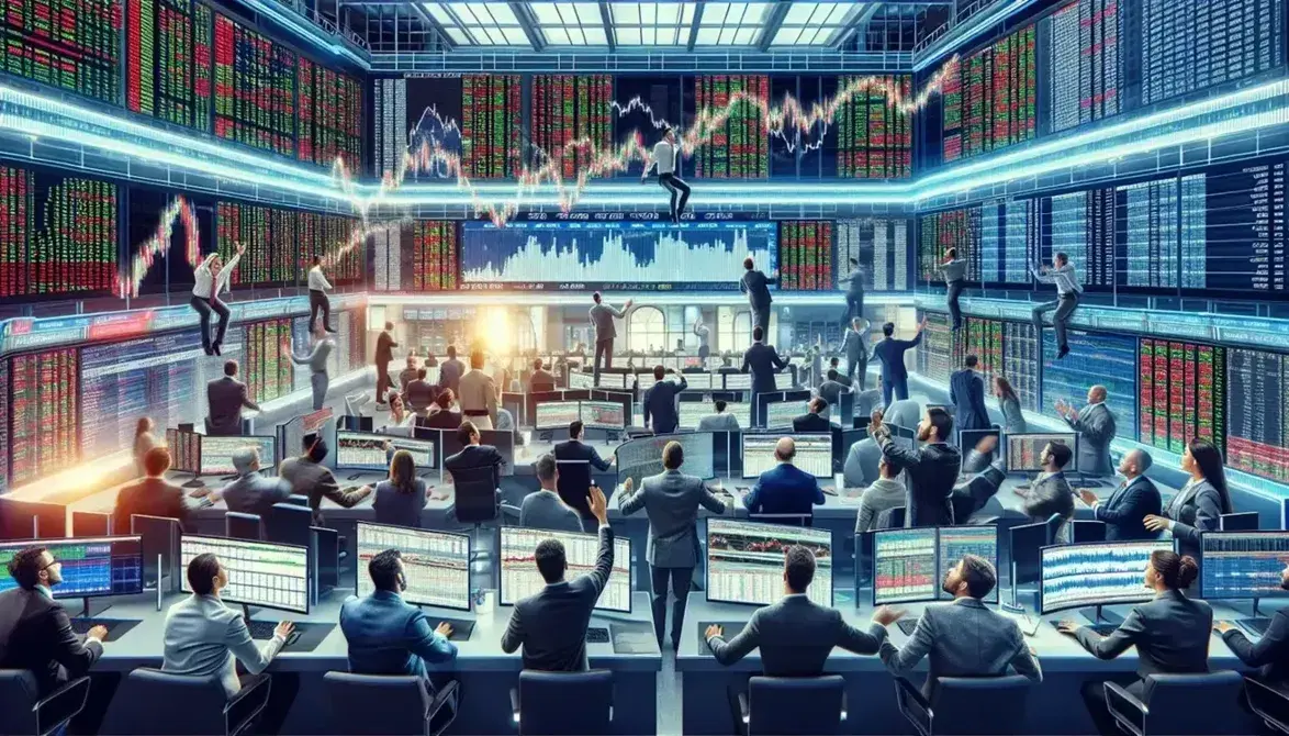 Stock market floor crowded with traders in formal suits, some gesturing, others staring at screens with charts, LED digital ticker shows real-time data.