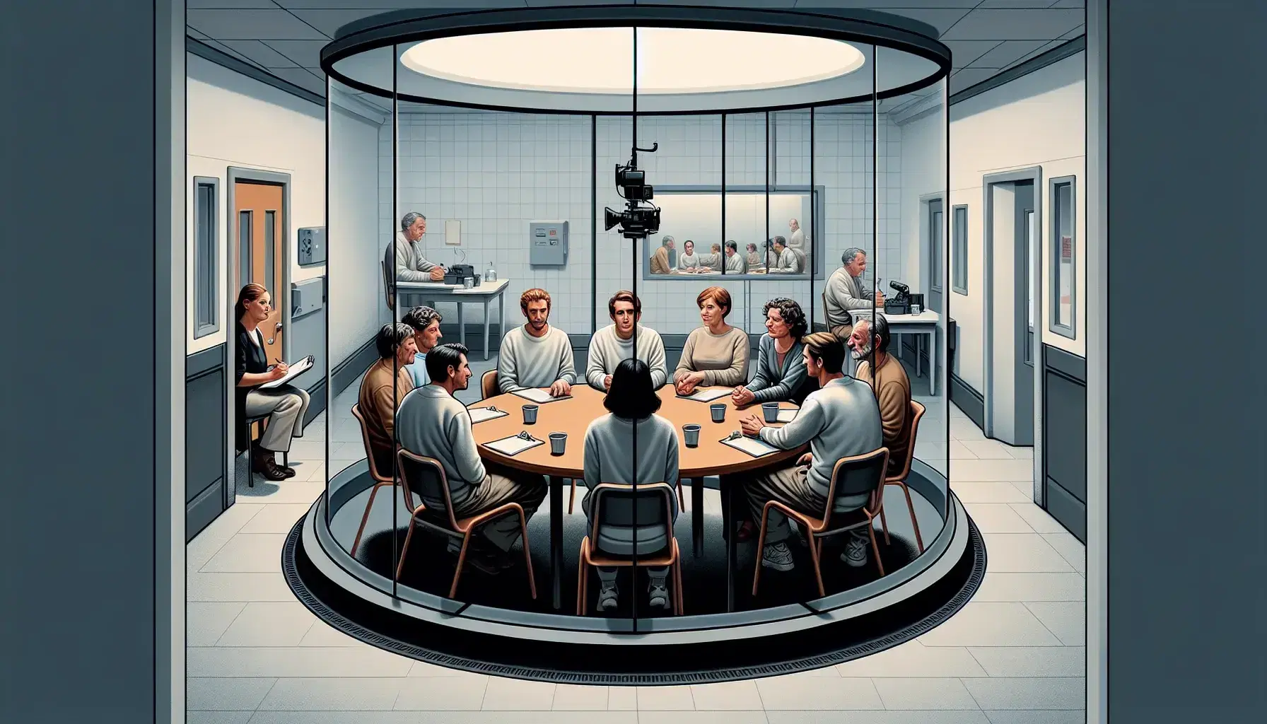 Four gender and ethnically diverse people sitting around a round table in a laboratory with one-way mirror and recording equipment.