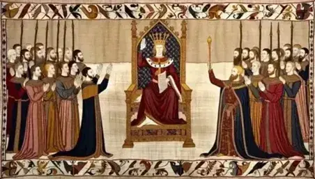 Scene from the famous Bayeux Tapestry with the coronation of the king of England, a regal figure with crown and scepter, flanked by nobles and a religious figure.