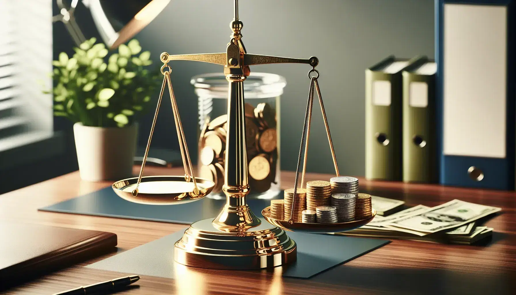 Brass balance scale with coins on left pan and green paper money on right, behind a glass jar of coins and a potted plant on a polished mahogany desk.