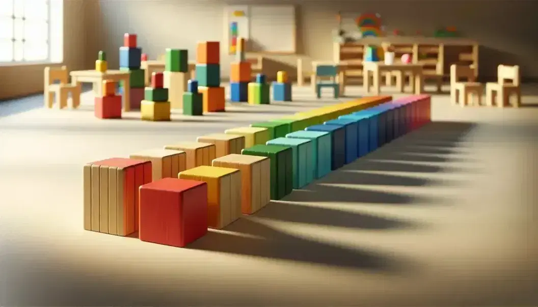 Bloques de madera en colores del arcoíris alineados horizontalmente sobre superficie lisa, con fondo desenfocado que sugiere aula.