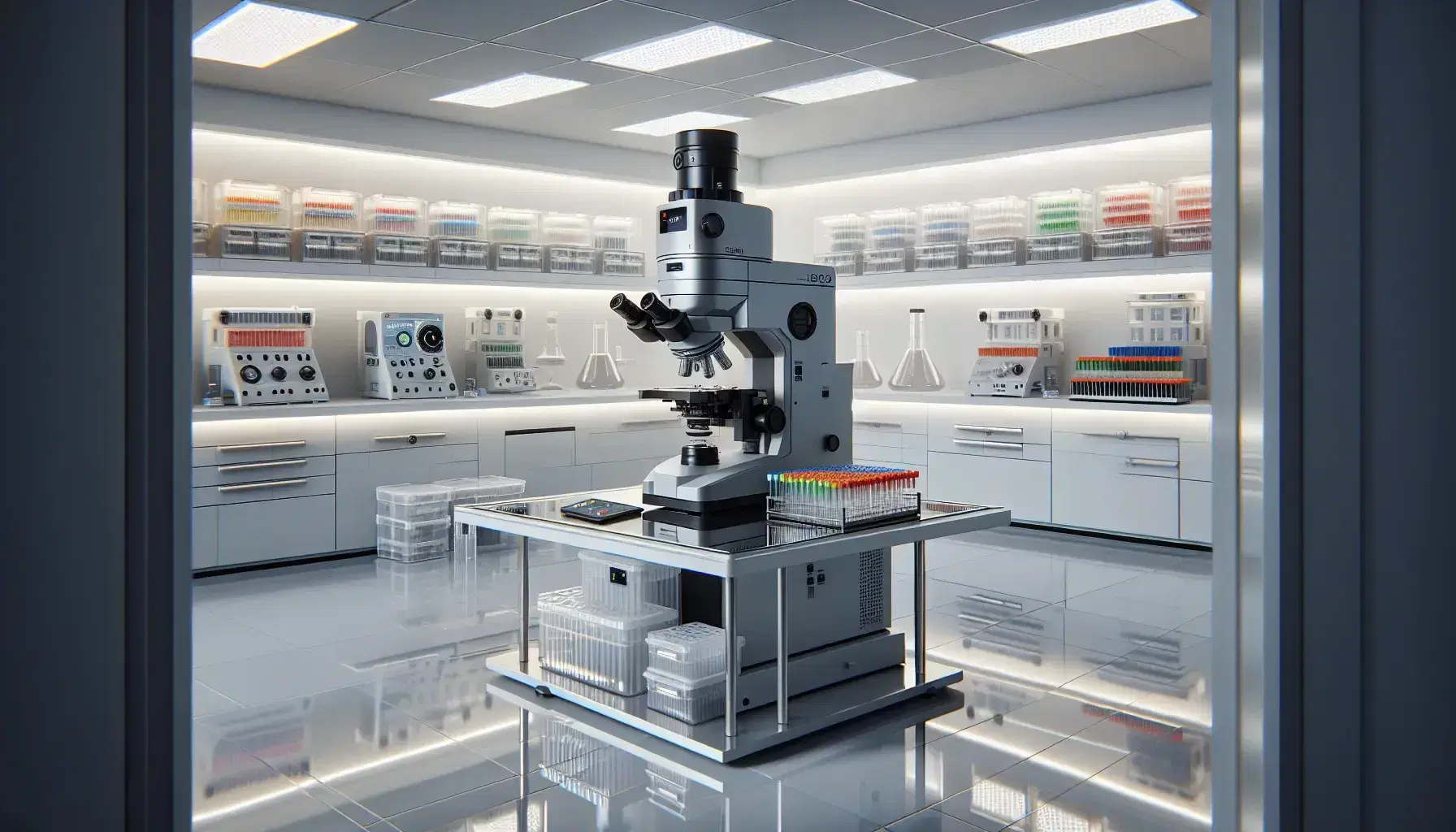 Laboratorio di ricerca biologica con microscopio elettronico a trasmissione, tavolo con provette colorate e scaffali con contenitori.