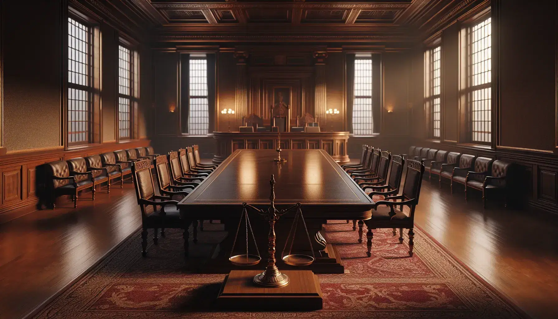 Sala de tribunal vacía con mesa de madera oscura, sillas con cojines de cuero, bancos a los lados y balanza de justicia en primer plano.