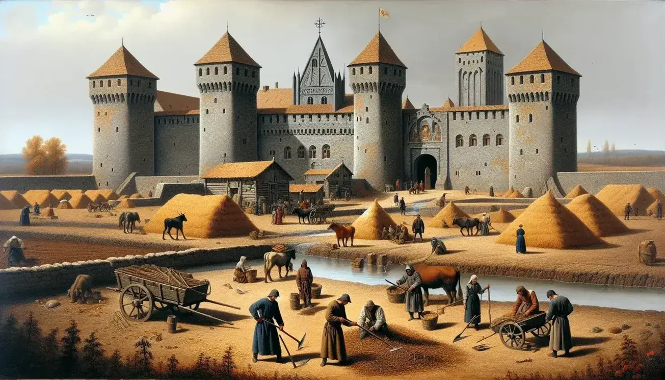 Castello medievale con torri merlate e ponte levatoio chiuso, contadini che lavorano la terra e chiesa con cimitero in un villaggio feudale.
