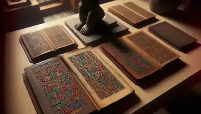 Codices mayas con tapas de cuero y páginas de glifos coloridos sobre mesa de madera, junto a estatuilla de piedra y vasija decorativa.