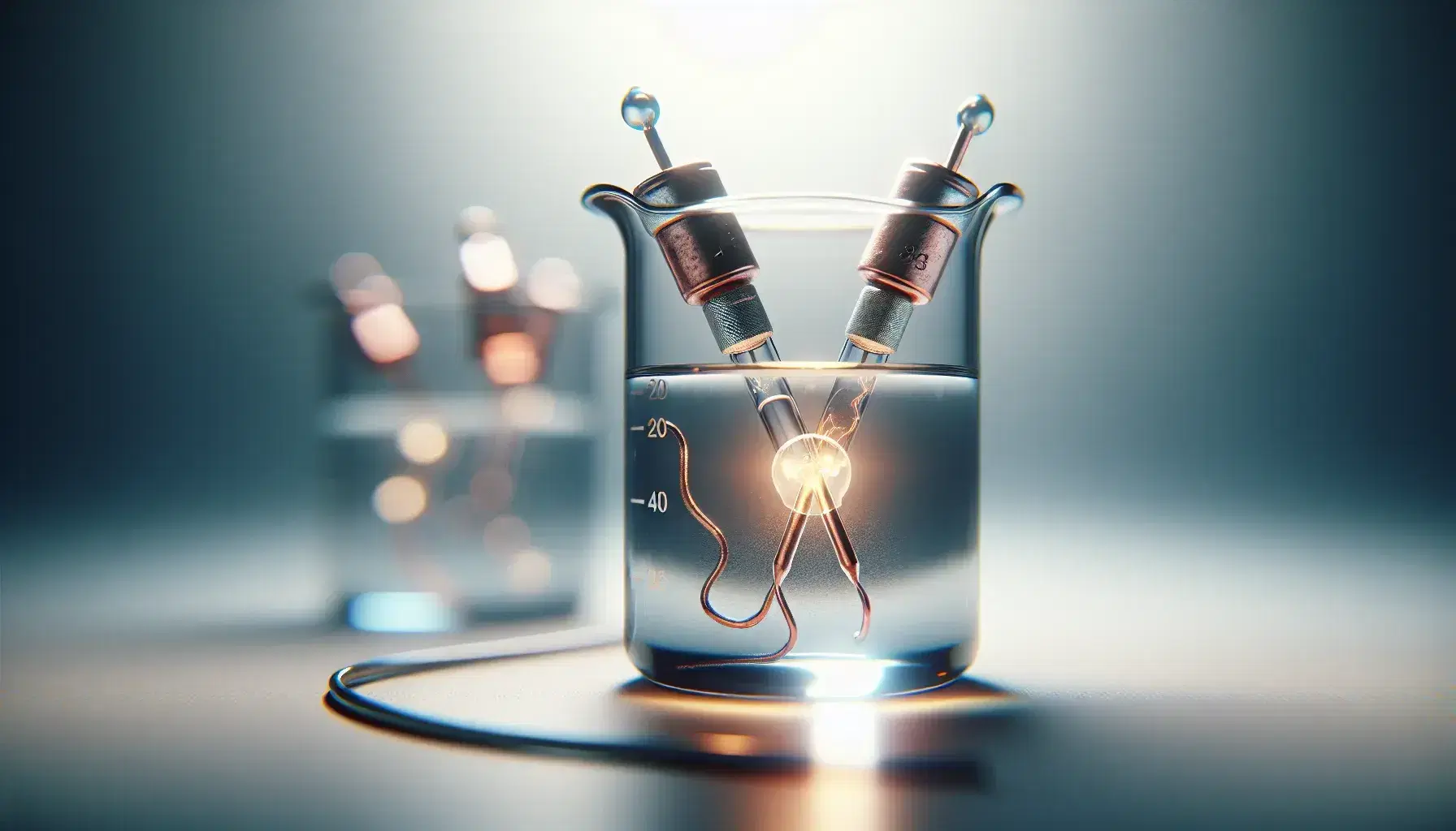 Close-up of a galvanic cell with metal electrodes in glass beakers and lit light bulb, one silvery and the other coppery, on blurred background.