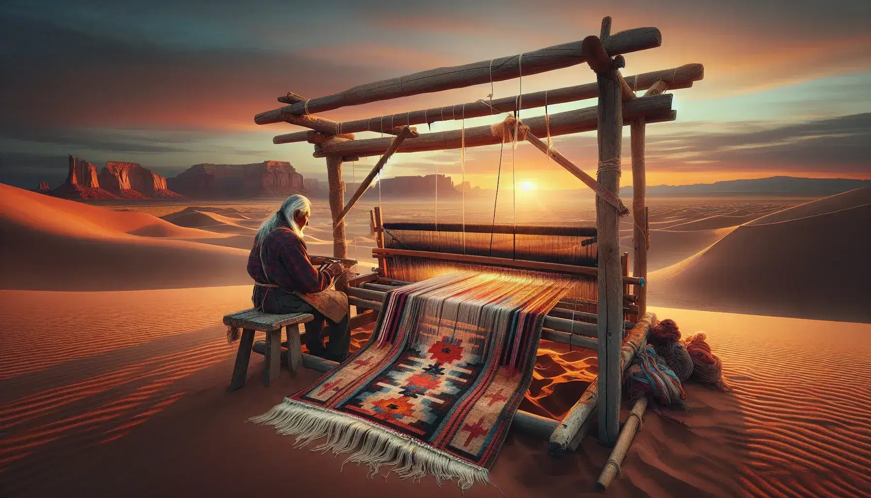 Navajo weaving loom with intricate rug against a desert sunset, with hands working woolen threads, mountains, and a golden sky.