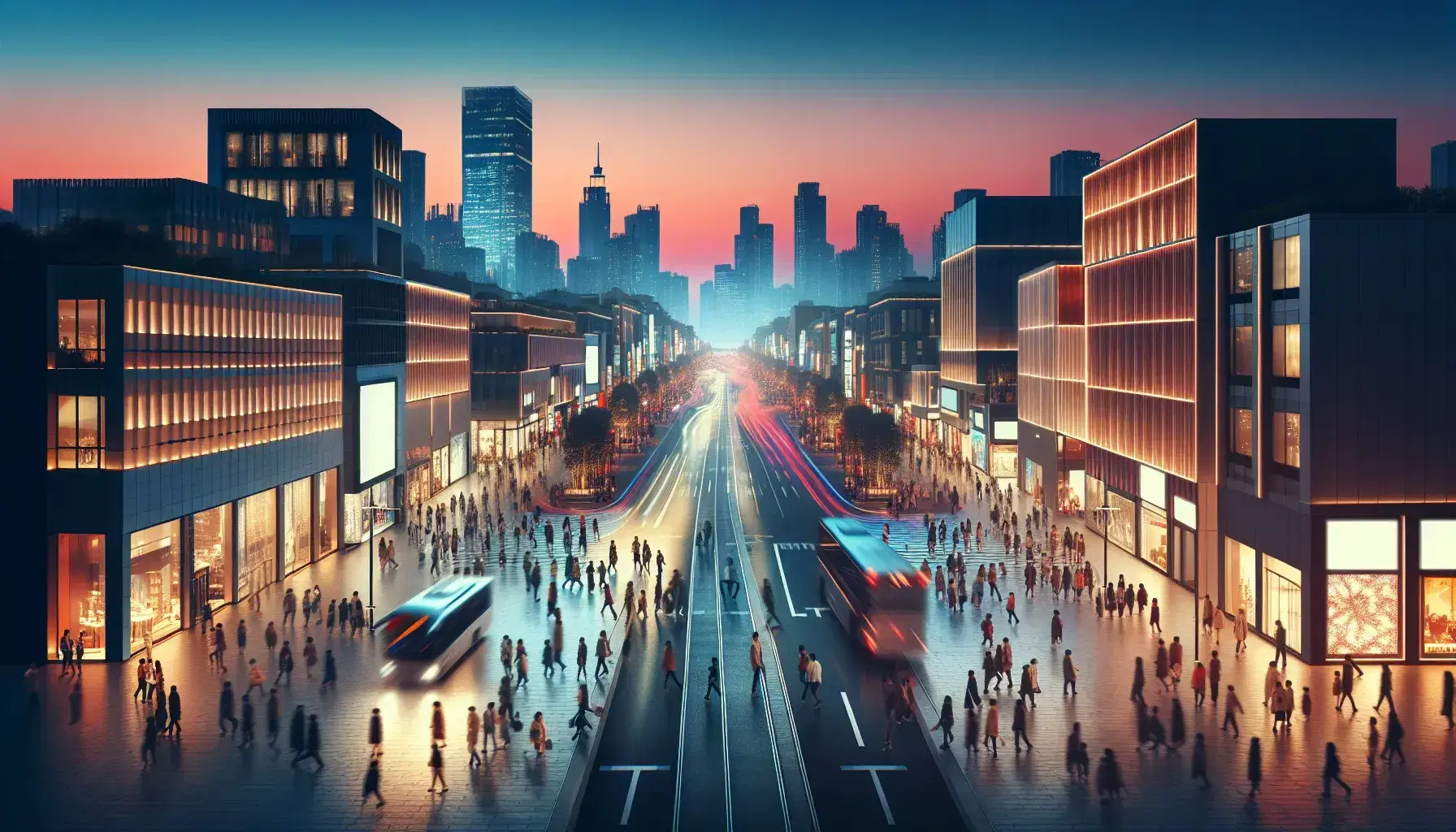 Vibrant urban scene at sunset with blue-orange gradient sky, diverse people on the sidewalk, blurred traffic and illuminated skyscrapers skyline.