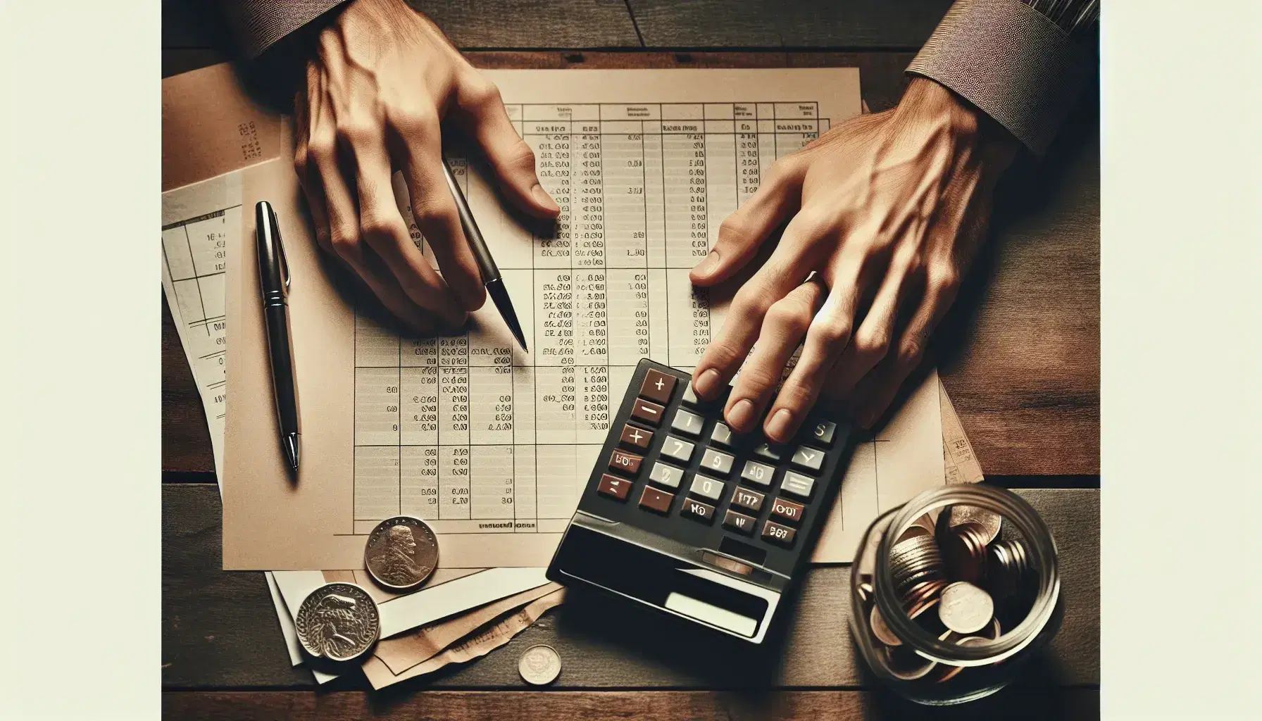 Close-up view of hands poised over a calculator beside a spreadsheet and scattered receipts, with a jar of coins in the background.
