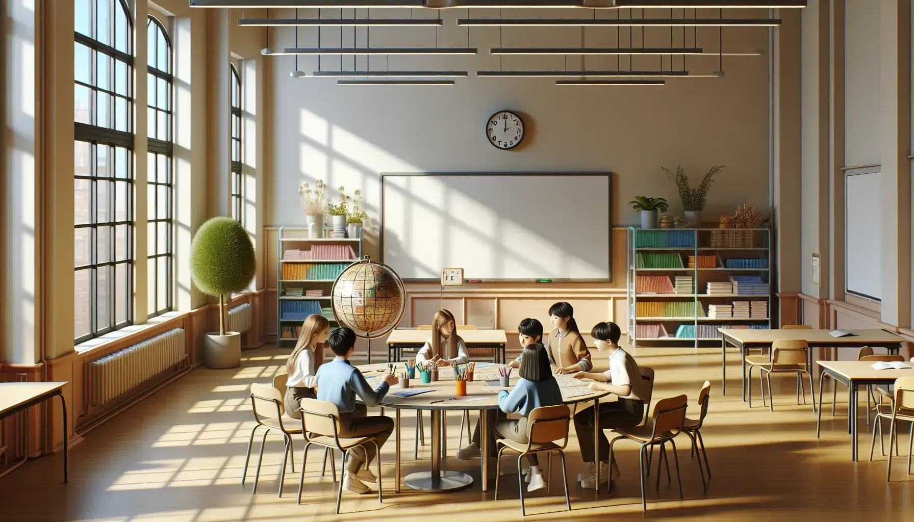 Aula espaciosa y luminosa con estudiantes concentrados alrededor de una mesa redonda, trabajando en un rompecabezas esférico, con pizarra blanca y estantería de libros al fondo.