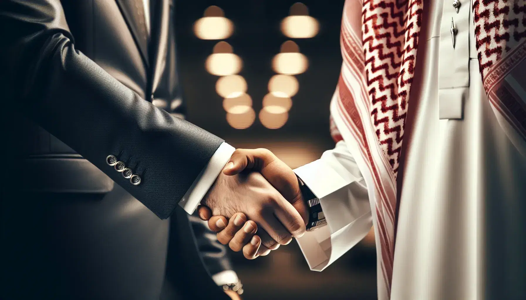 Handshake between a person in a Western business suit and another in a Saudi thobe and shemagh, symbolizing cross-cultural agreement.