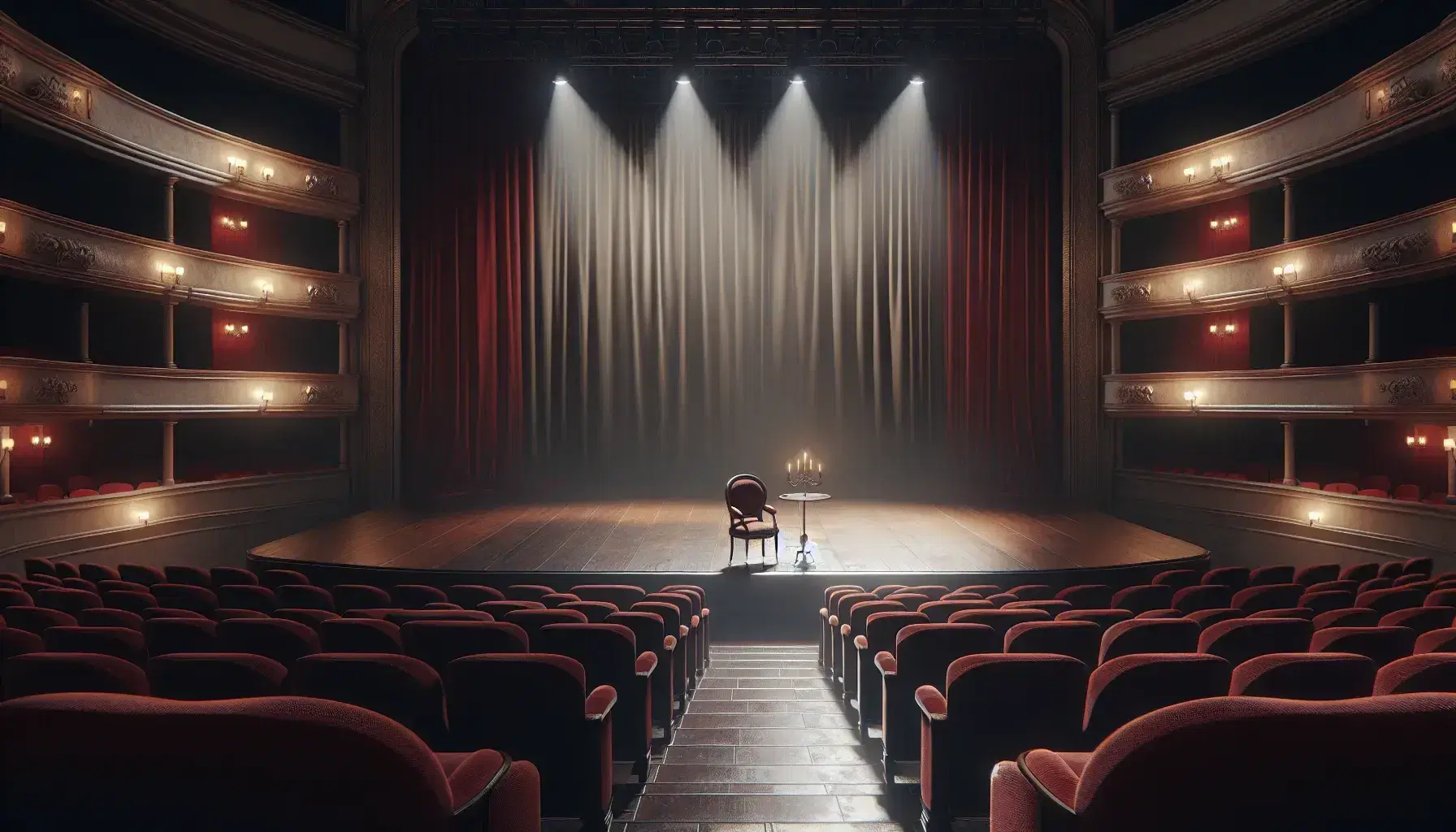 Escenario de teatro vacío con asientos de terciopelo rojo, cortinas a juego, un escenario iluminado con una silla de madera oscura y un candelabro sobre una mesa.