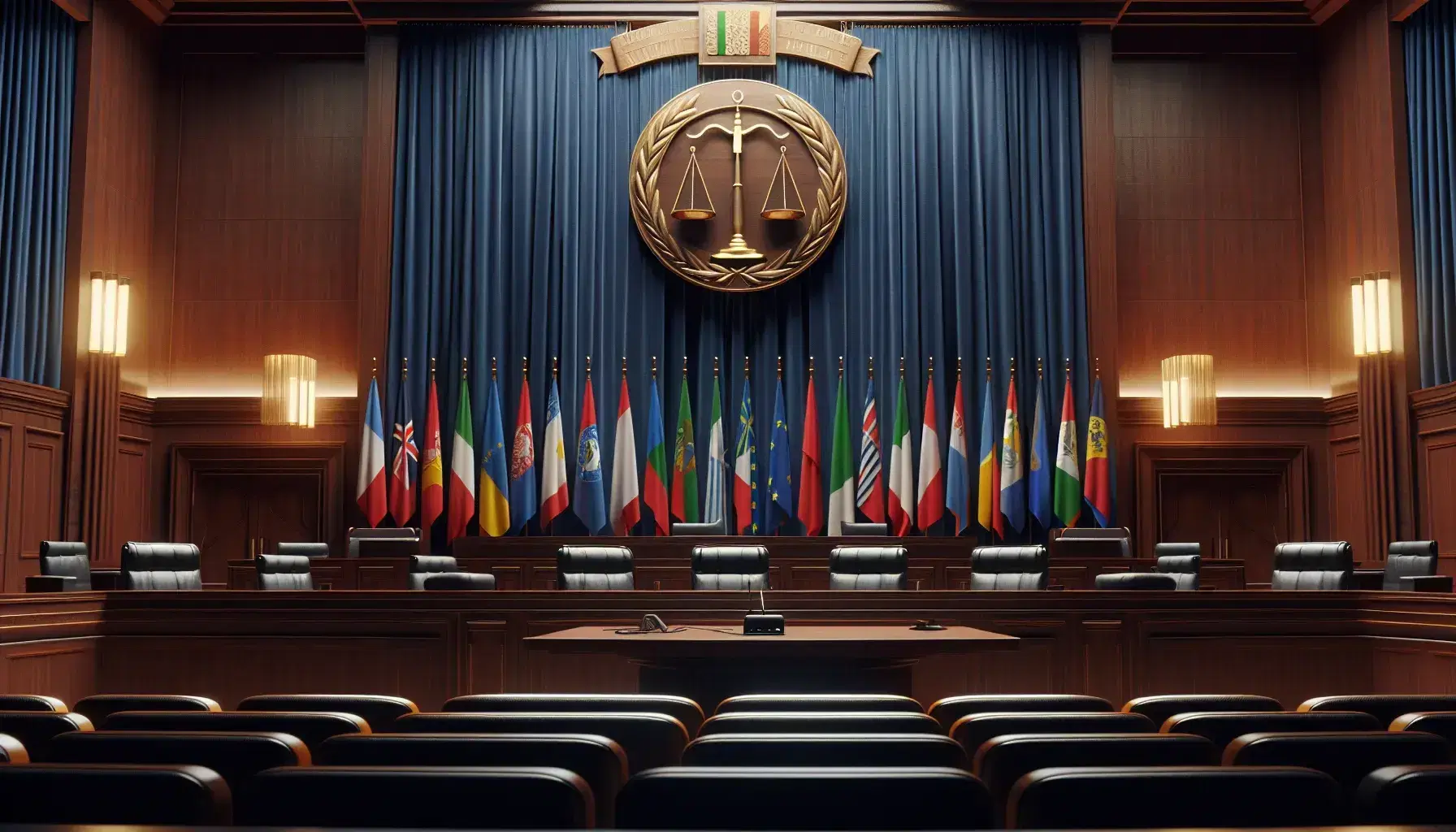 Aula vuota di tribunale internazionale con banco in legno scuro, tenda blu, bilancia della giustizia dorata e bandiere nazionali.