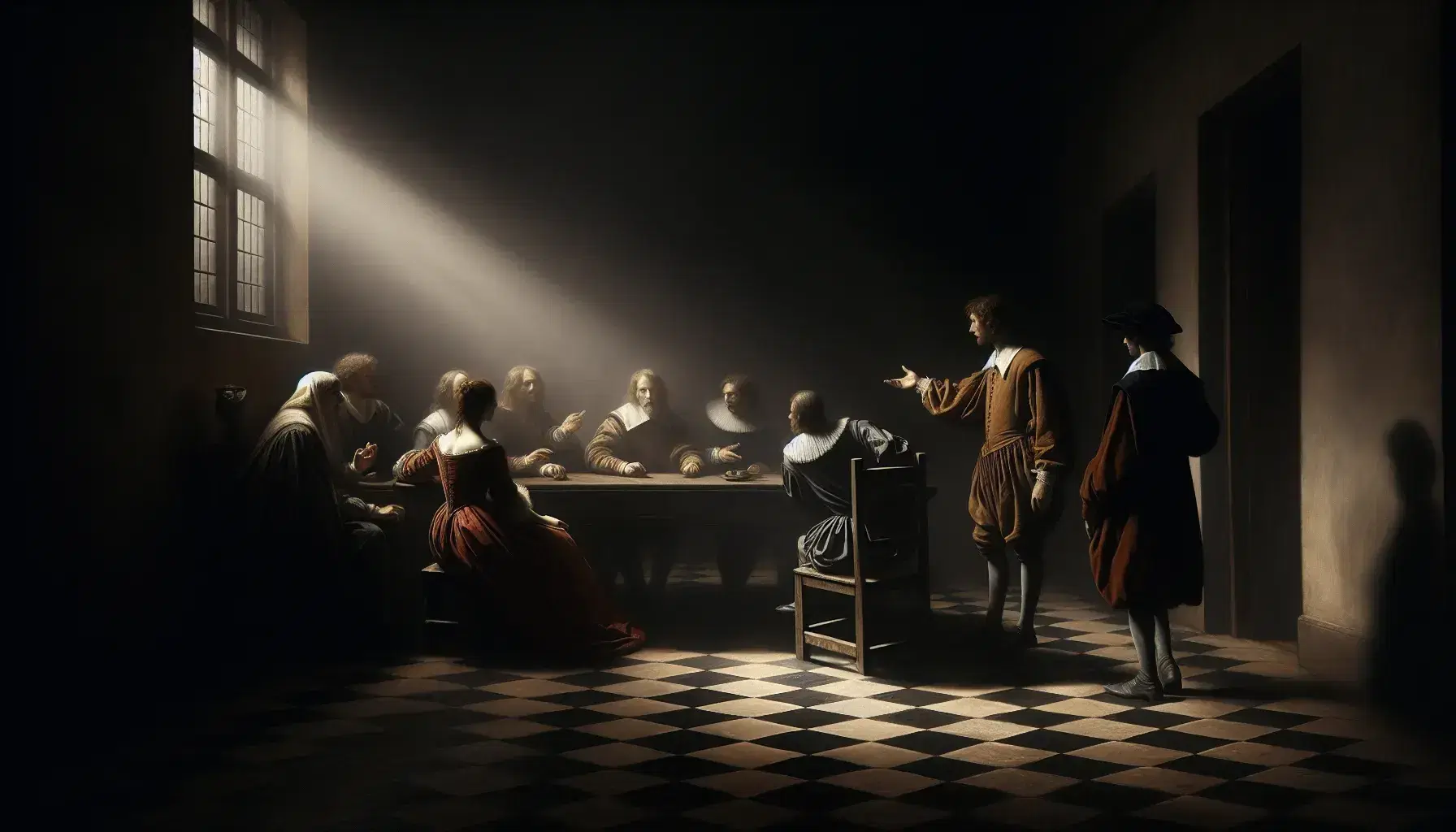 Scena in chiaroscuro con sette figure in abiti del XVII secolo attorno a un tavolo, con dettagli illuminati da luce naturale.