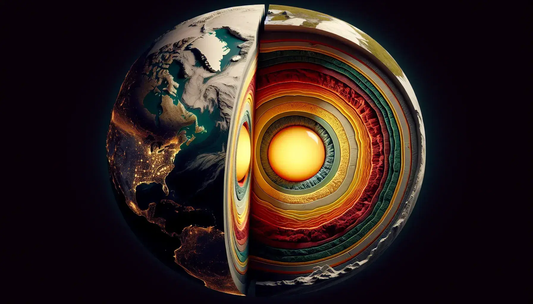 Sezione trasversale della Terra che mostra il nucleo interno arancione, il nucleo esterno rosso, il mantello marrone chiaro e la crosta grigia.
