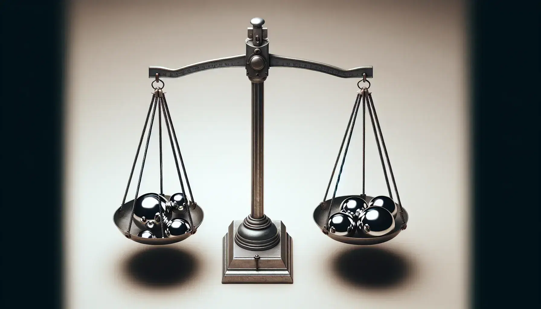 Balanced beam scale with four small silver spheres on left pan and one large sphere on right, reflecting symmetry and weight equivalence.