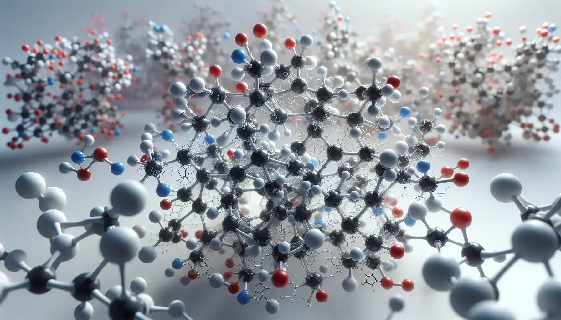 Modelo tridimensional detallado de molécula compleja con átomos en colores rojo, blanco, azul y negro, representando diferentes elementos químicos.