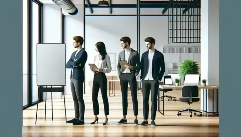Tres profesionales en oficina moderna con tablet, vestimenta formal, pizarra blanca y planta, en ambiente iluminado y ordenado.