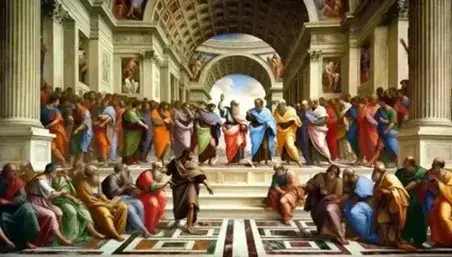 Platone con tunica rossa e Aristotele in blu discutono al centro del fresco rinascimentale "La Scuola di Atene" di Raffaello, circondati da filosofi in un'architettura maestosa.
