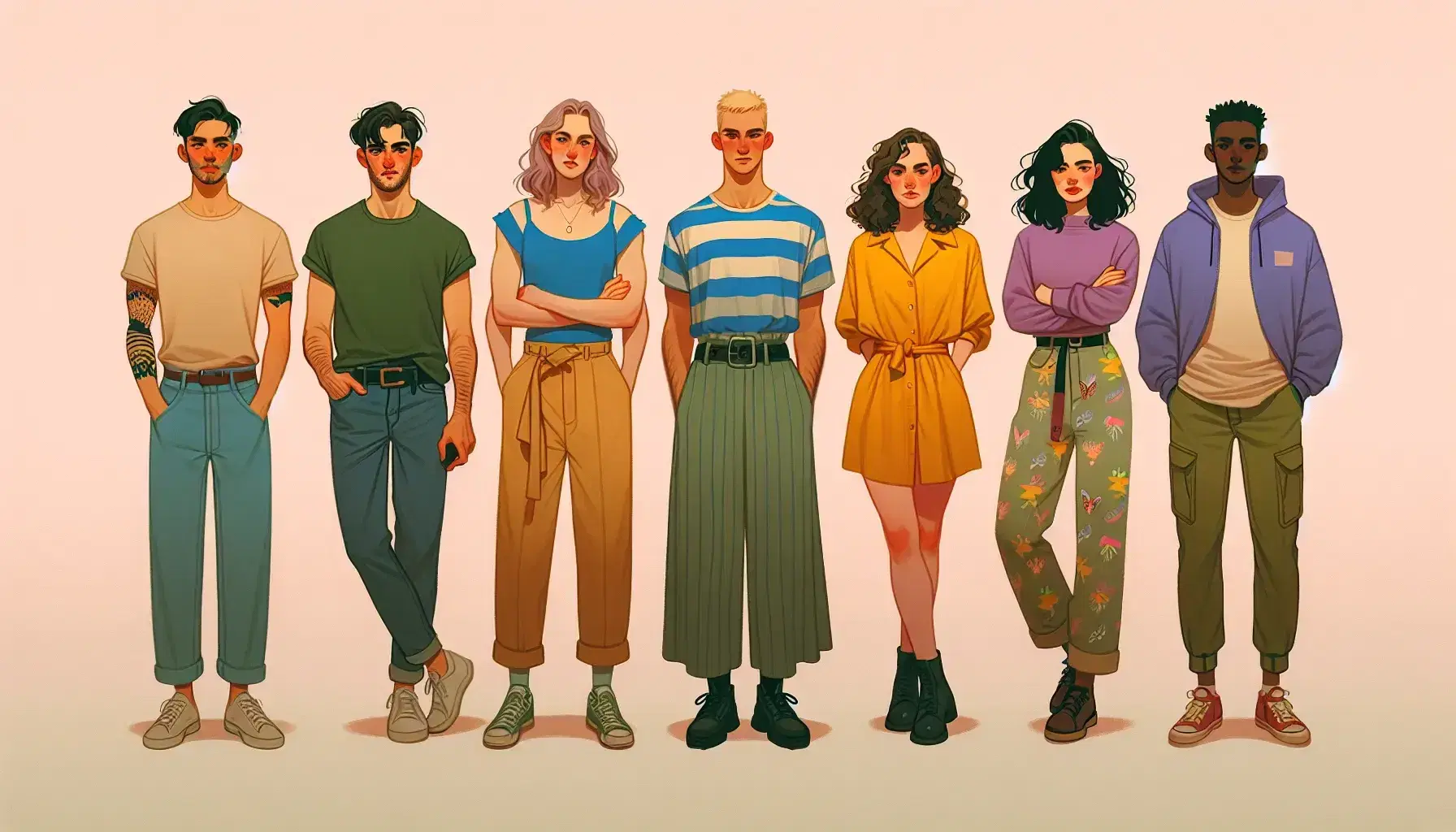 Six different people in a semicircle: man with short hair and green shirt, figure with wavy hair and yellow blouse, athlete in blue tank top, person with red sweatshirt, individual in purple shirt, person with light blue sweater and patterned leggings.
