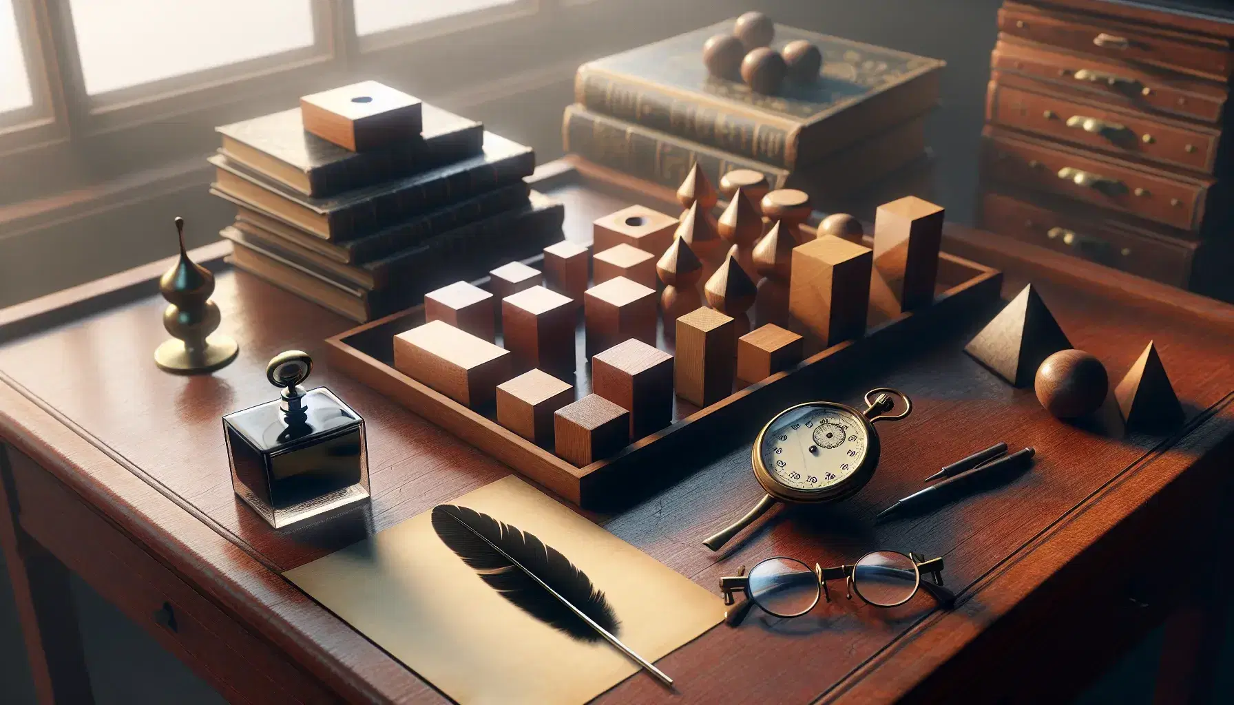 Vintage wooden desk with psychological materials from the early twentieth century, black inkwell, feather, geometric blocks, brass stopwatch and round glasses.