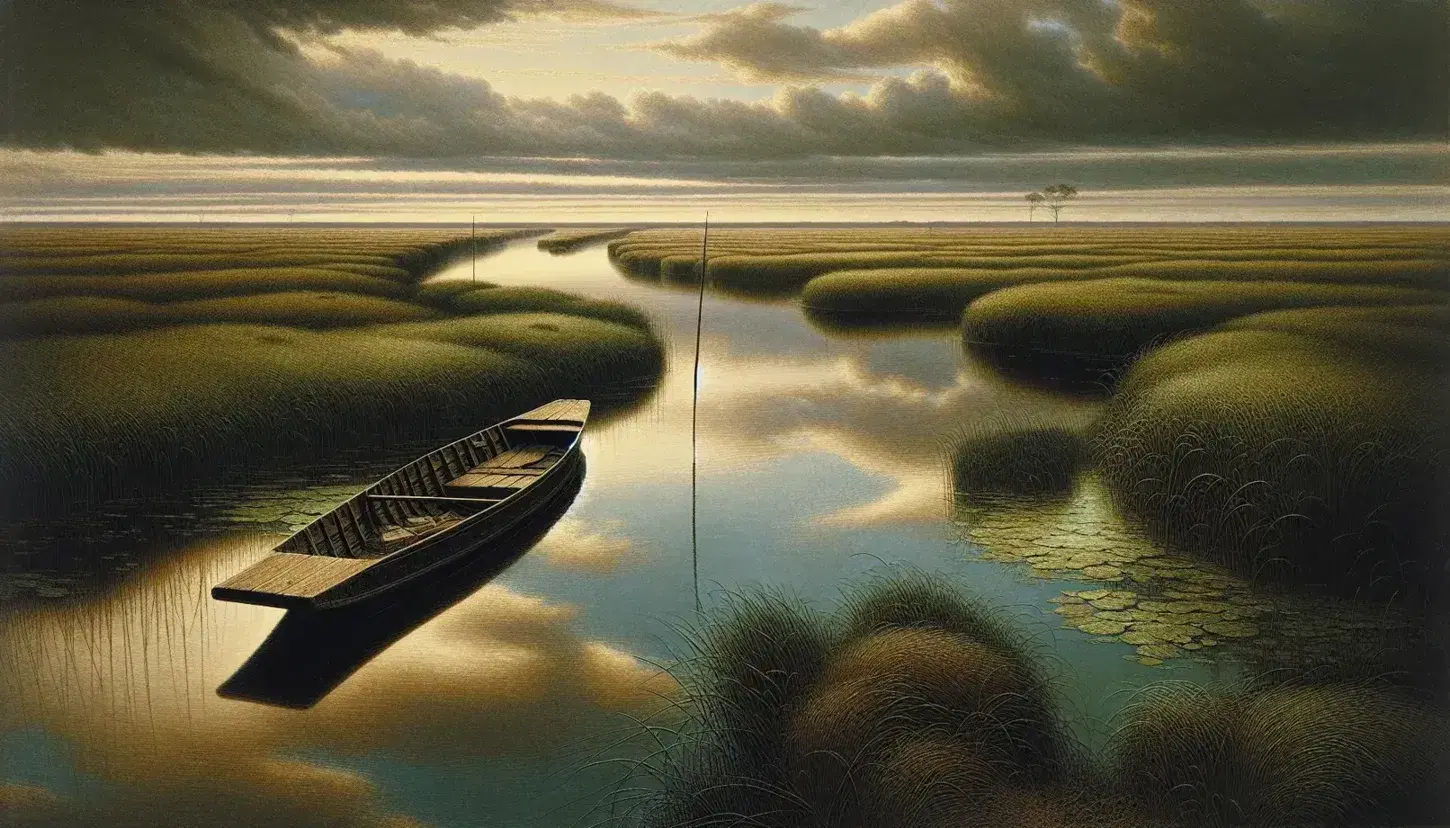 Serene Fens landscape with meandering waterways, lush marshland, a moored punt, and a distant windmill against an overcast sky.