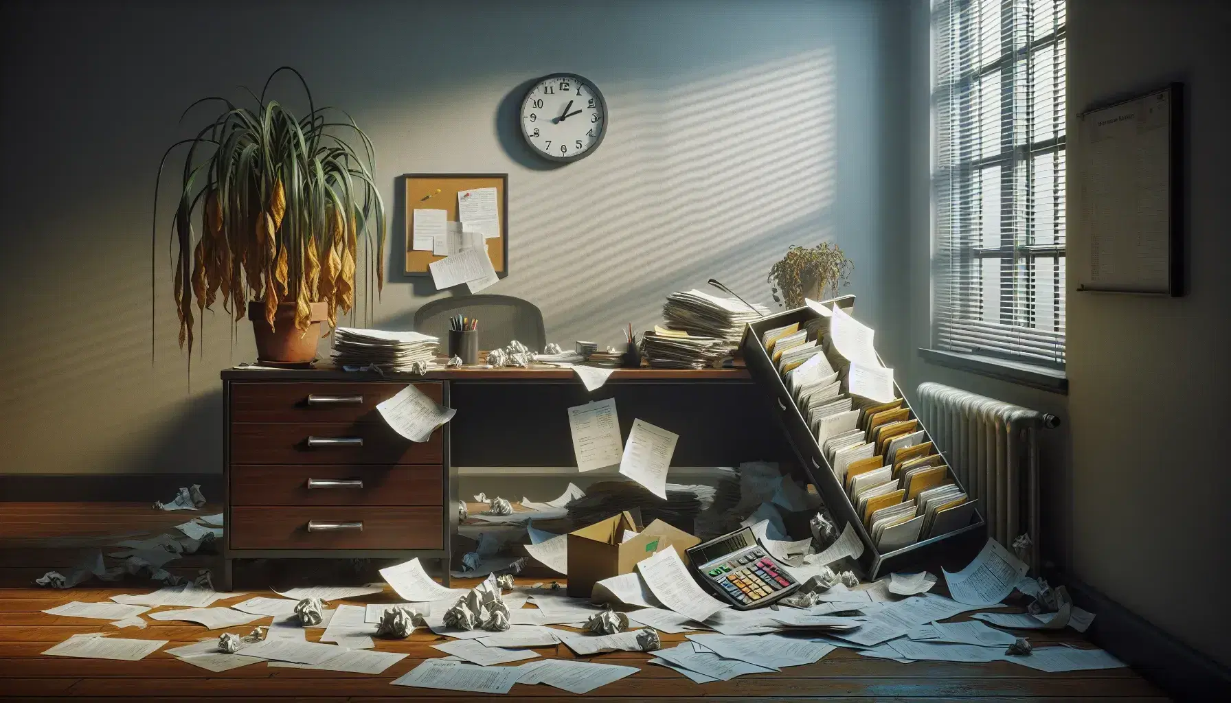 Cluttered office desk with scattered papers, an overturned calculator, and a wilting plant on a filing cabinet, under soft natural light.