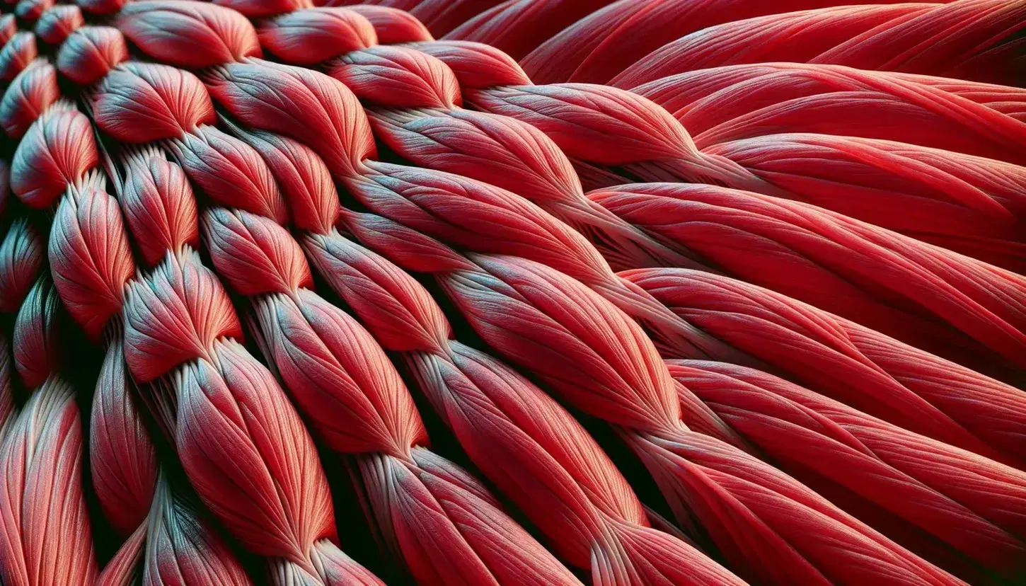 Fibras musculares rojas entrelazadas con textura estriada y disposición paralela, rodeadas de tejido conectivo en tono más claro.