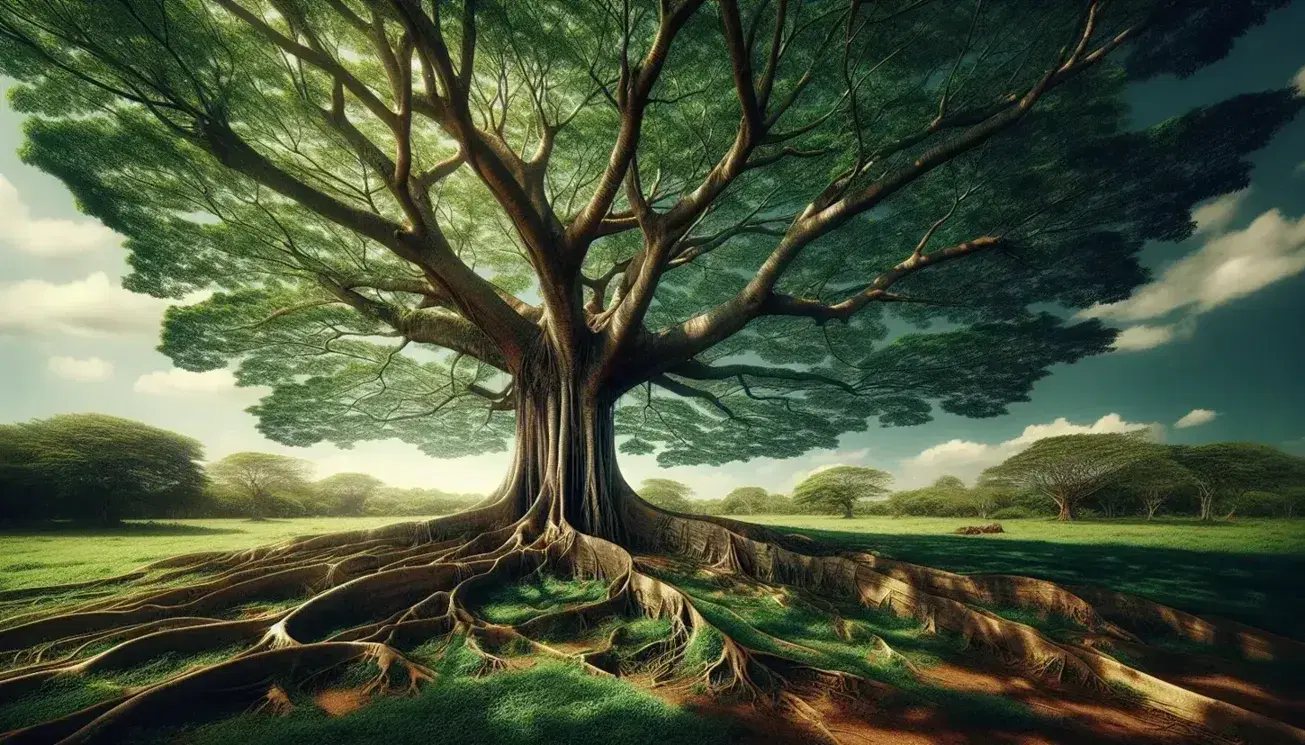 Árbol frondoso con raíces profundas en campo verde bajo cielo azul con nubes dispersas, hojas verdes intensas y variadas sin presencia de personas o elementos artificiales.
