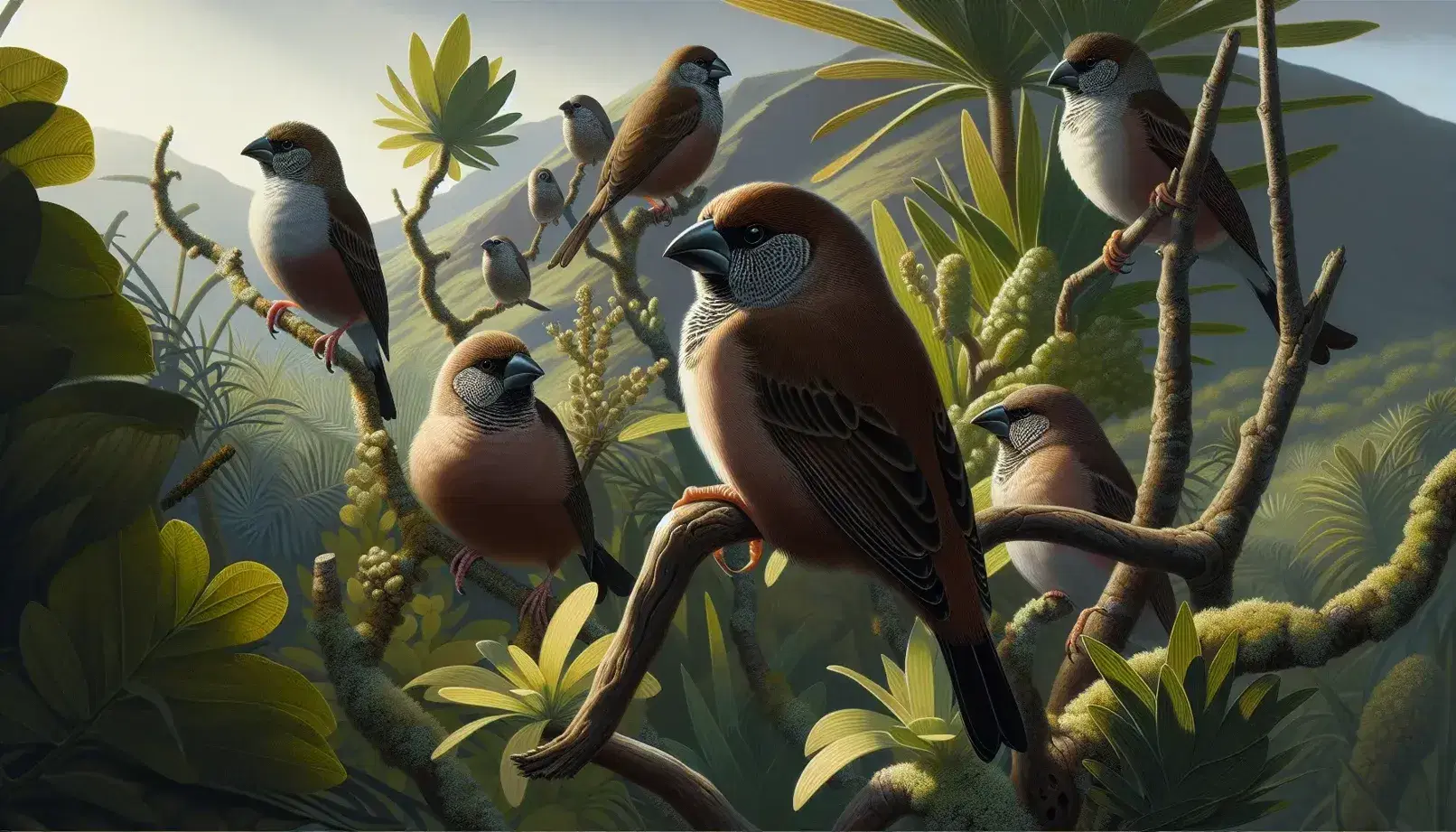 Fringuelli di Darwin su rami nelle Galapagos, con becchi variati da robusti a sottili, in un habitat naturale di tonalità verdi e marroni.